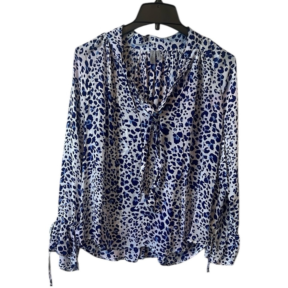 Blank London Blue White Animal Print Tie Neck Blouse Small Anthropologie